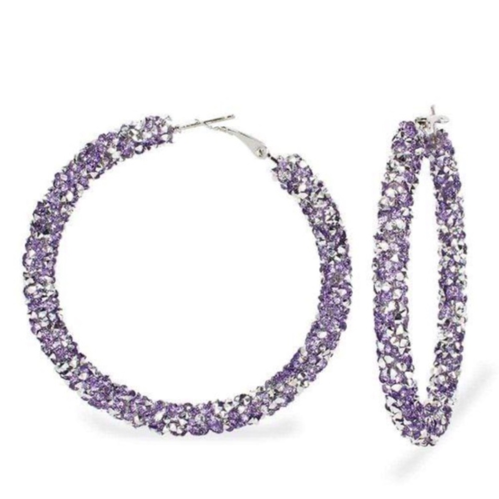 Womens Purple Silver Hoop Earrings‎ Glitter Fashion Trendy Hoops